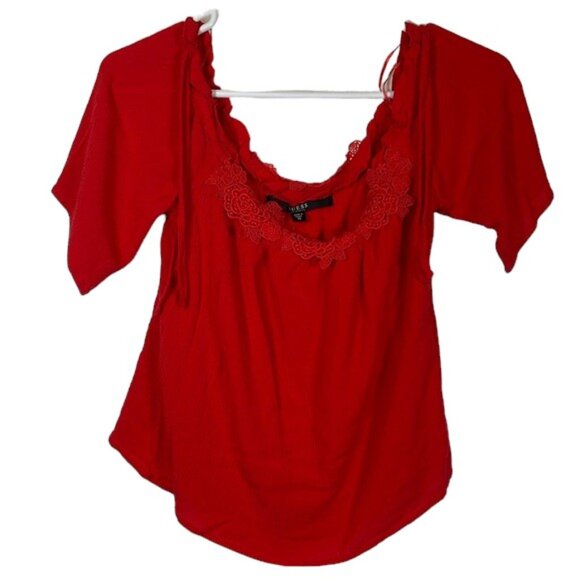 Guess Red Short Sleeve Bohemian Lace Neck Blouse Shirt Size XS GUC #0443-LA - Picture 1 of 6